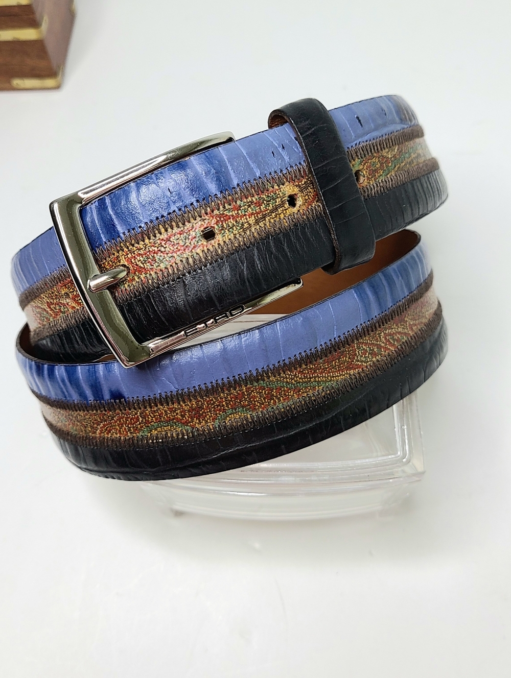 Etro Milano Made In Italy Paisley Striped Color Block Genuine Leather Belt